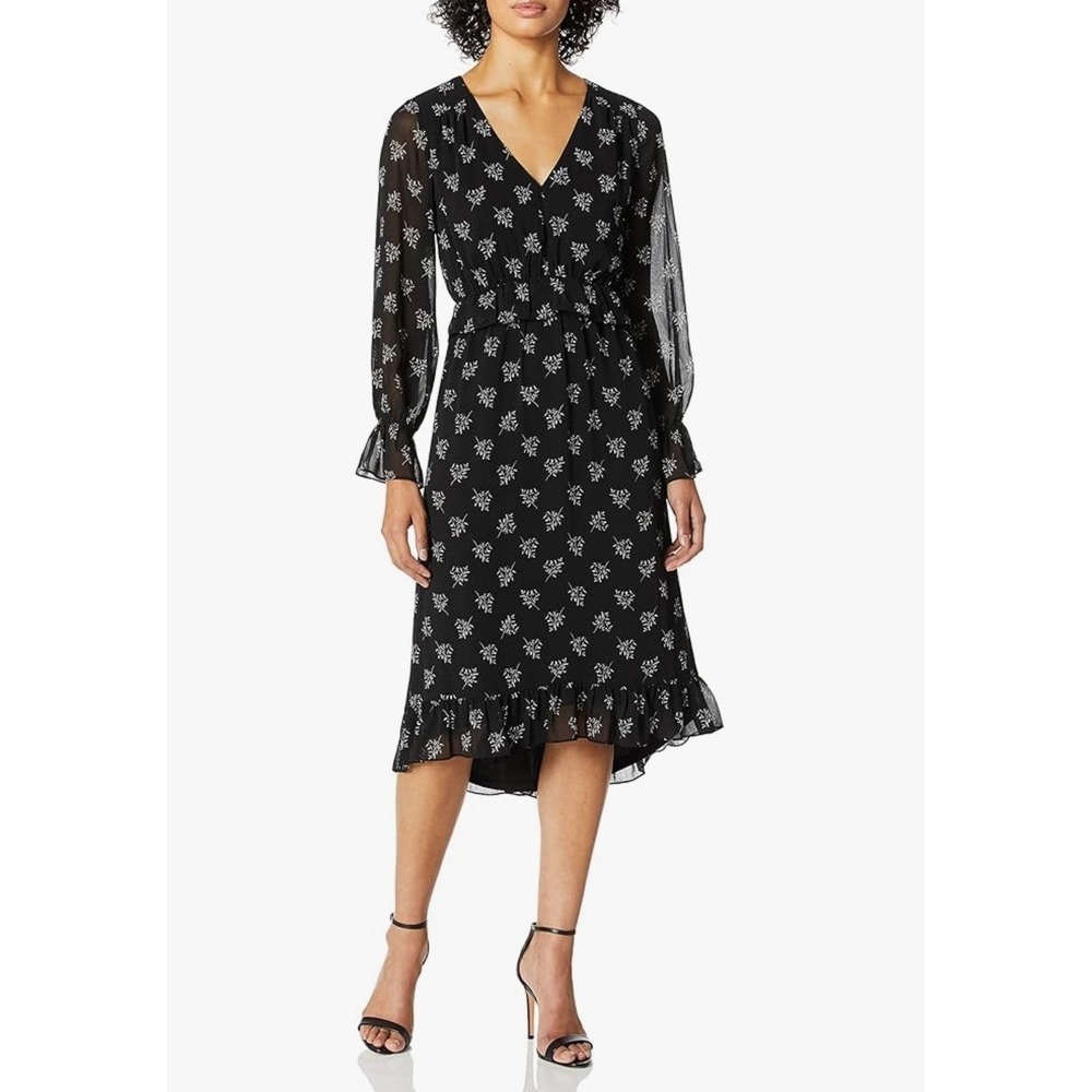 Kensie Women's Whispering Shadows Dress‎ Size XS Black White Ruffle Accent
